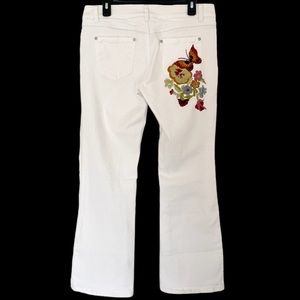 White Jean Boot Cut Stretch with Embroidered Butterfly and Flowers Size 13.